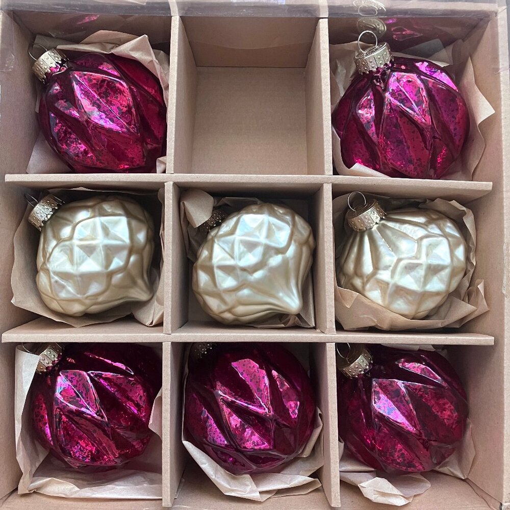 8 Set Glass Christmas Ornaments Gold Purple Magenta Pink Balls Onions Mercury